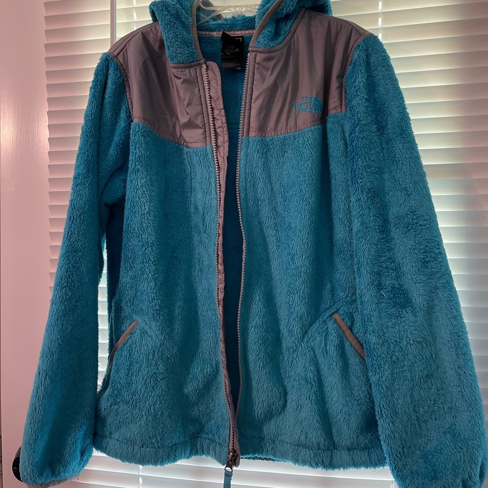 The North Face Girls XL (18) Oso fleece hooded zip up jacket in blue and gray
